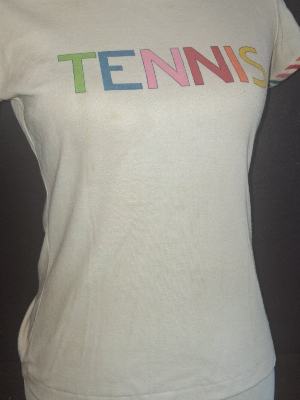 True Vintage 70s JR Bargains Tennis Rainbow Ringer Tee Single Stitch M